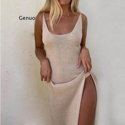 Knitted Summer Beachwear Sexy Deep V-Neck Split Midi Dress Holiday Sleeveless Elegant Sweater Dress Club Party