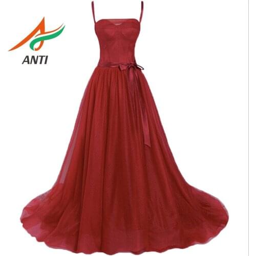 ANTI Amazing Burgundy Tulle 2019 Long Prom Dresses A-Line Sexy Spaghetti Strap with Strapless Neck Sleeveless Women Party Gowns
