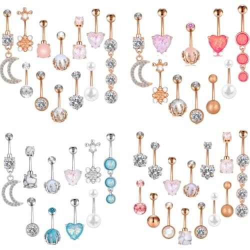 1 Set Rose Gold Moon Belly Button Piercing Ring Surgical Steel Zircon Claw Navel Septum Fake Heart Opal Piercings Body Jewelry