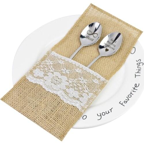 5pcs Burlap Lace Tableware Utensil Holders Pouch Bags Silverware Cover Wedding Decorations Knifes Forks Cutlery Holder Bags