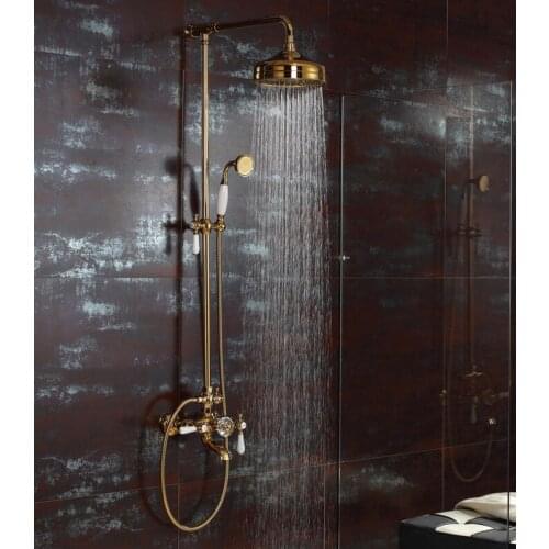 Free shipping Rainfall shower and bath faucet mixer tap Bath Bathroom Gold Rain & Hand Shower & Tub Spout Set