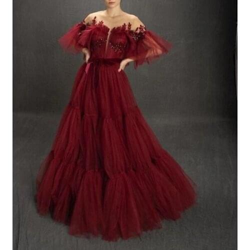 Burgundy Tulle Appliques Prom Dresses Long O Neck Beaded Formal Evening Party Ball Gowns Robe De Soiree