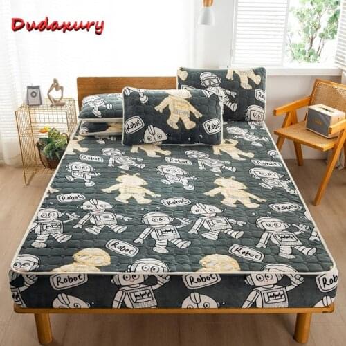 Dudaxury Crystal Velvet Mattress Cover Thick Quilted Fitted Sheet High Quality Short Plush Breathable Bed Cover Queen 180x200