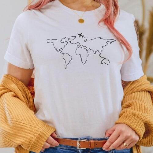 World Map Airplane T-shirt Funny Summer Vacation Tshirt Cute Women Short Sleeve Graphic Travel Top Tee Shirt