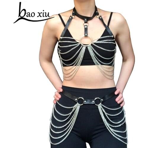 2PCS Goth Leather Body Harness Chain Belt Women Top Chest Waist Straps Gothic Punk Fashion Tassel Chain Suspenders Accessories