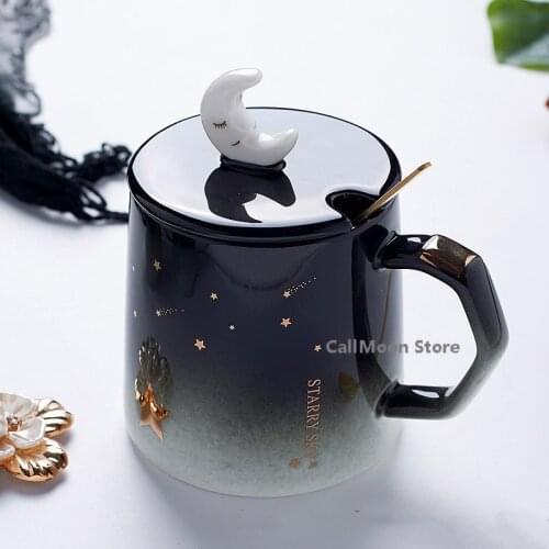 Student Korean Style Cartoon Mug with Lid Spoon 400ml Creative Gradient Starry Sky Moon Star Mug Drawing Gold Ins Ceramic Cup