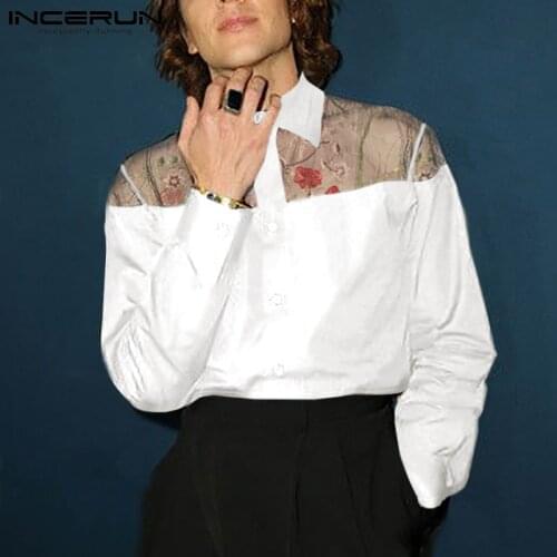 Fashion Men Shirt Mesh Patchwork 2021 See Through Lapel Long Sleeve Party Nightclub Shirts Embroidered Streetwear Camisa INCERUN