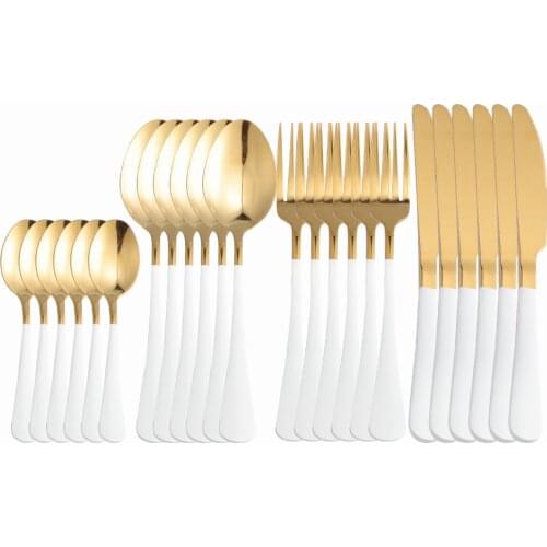 24Pcs White Gold Stainless Steel Cutlery Tableware Set Dinnerware Dinner Party Flatware Set Forks Knives Spoons Set Silverware