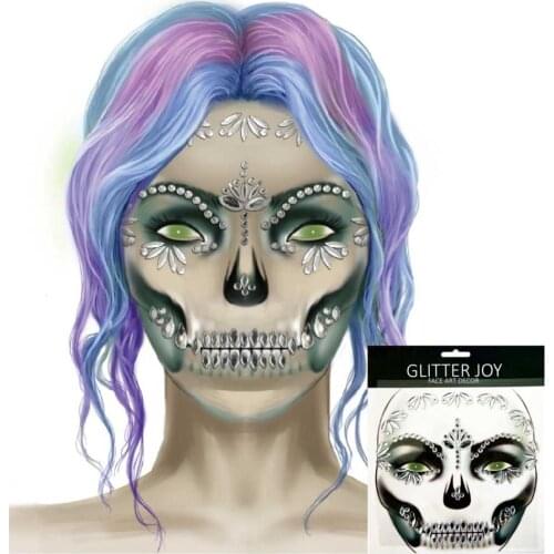 HFG19 Clear Festival Skull Bone Face Jewel Rhinestone Sticker for Carnival Night Clubbing Makeup Body Art