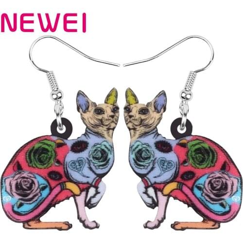 Newei Acrylic Canadian Hairless Cat Earrings Long Lovely Pet Animal Dangle Drop Jewelry For Women Girl Kid Classic Festival Gift