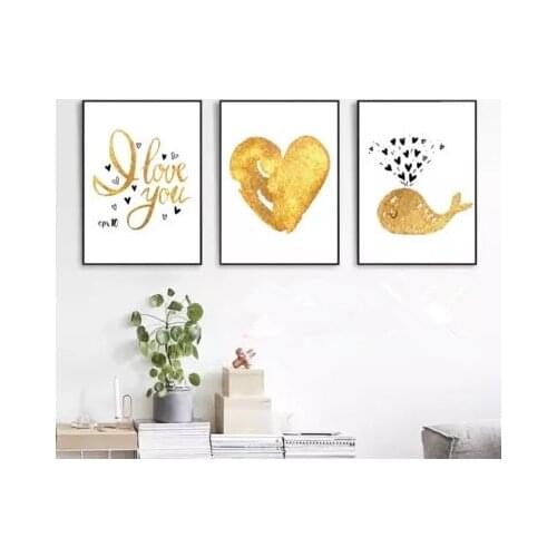 Nordic Minimalism Wall Art Canvas No Framed Golden Love Dolphin Canvas Painting Kids Living Room Kitchen Poster Decoration