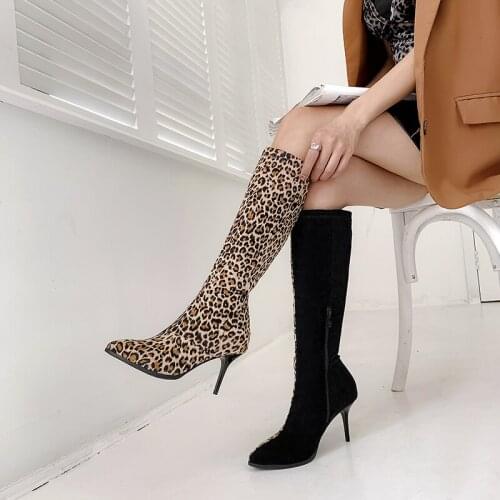 New womens boots, elastic boots, high heels, large boots, Knights' boots, leopard print, knee boots in autumn and winter