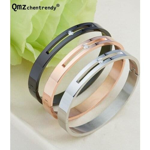 A Pair Women MEN black golden jewelry 316L Stainless Steel Luxury Bling Iced out Cz Crystal simple Bangle bracelets for lovers