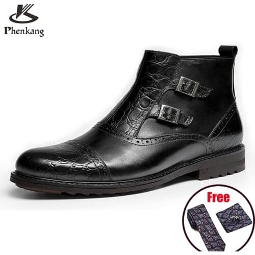 Phenkang Men Winter Boots Genuine Cow Leather Celsea Boots Brogue Casual Ankle Flat Comfortable Quality Soft Handmade Brown