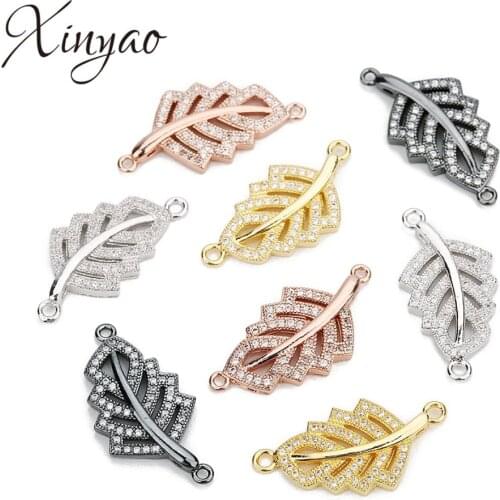 XINYAO 2Pcs Micro Pave CZ Hollow Leaf Charms Double Hole Connectors For DIY Bracelet Pendant Necklace Jewelry Making 13x27mm