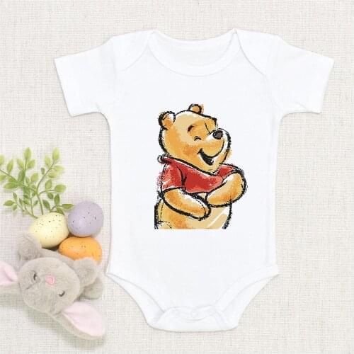 Winnie The Pooh Newborn Baby Girl Clothes White Short Sleeve Jumpsuit 0-12M Unisex Baby Boy Clothes Cartoon Print Ropa Bebe