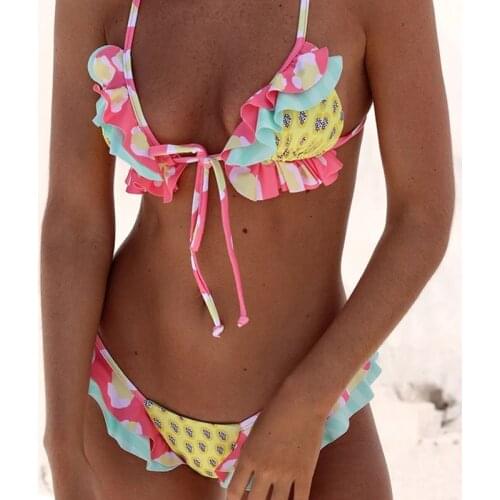 Sexy Two Piece Lace Women Triangle Bag Bikini Swimwear Lovely Print Bandage Swimsuit 2021 Push Up Summer Beachwear Bathing Suits
