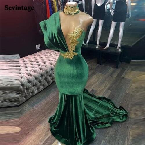 Sevintage Mermaid Velvet Evening Dresses High Neck Lace Appliqued Women Formal Party Dress One Shouler Prom Gowns Plus Size