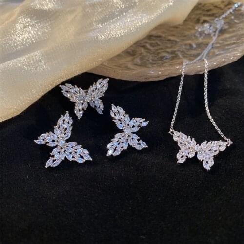 Cute Female Crystal Butterfly Jewelry Set Charm Silver Color Stud Earring For Women Dainty White Zircon Wedding Chain Necklace