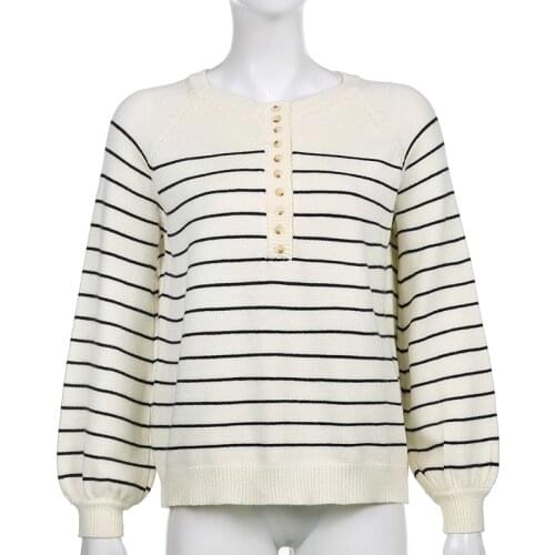 Waatfaak Striped Print Preppy Vintage Knitted Sweater Long Sleeve Button Up Pullover Spring Autumn Pull Casual Retro Sweater