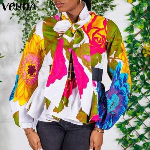 VONDA Women Tops 2021 Vintage Floral Print Blouse Long Sleeved Lace-up Office Shirts Bohemian Blusas Femininas Streetwears