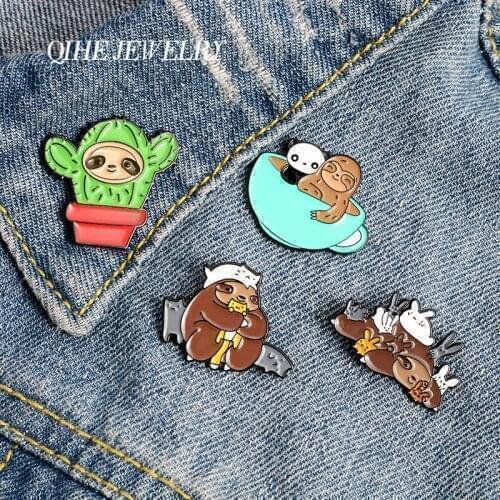 QIHE JEWELRY 4 Styles Sloths Enamel Pins Cute Animals Cats Panda Rabbits Cactus Brooches Badges Lovely Pins Gifts Wholesale