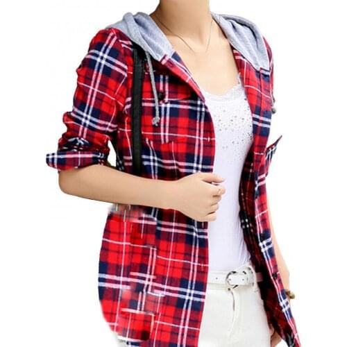 Ele-choices Korean Style Women Fashion Loose Long Sleeve Classic Plaid Hood Button-up Cotton Shirt Coat for Daily