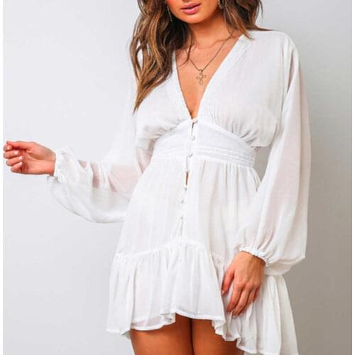 Spring And Summer Sexy V-neck Female White Lace Dress Long Sleeve Mini Pleated Elegant Evening Skirt