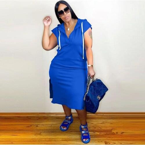 L-4XL Large Size Hooded Short Sleeve Dresses for Women Drawstring Side High Split Loose Dress Office Lady Solid Oversize Dress