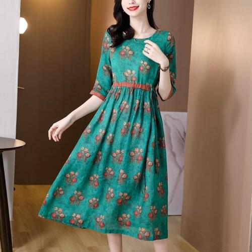 2021 Summer Vintage Green Print 3XL Casual Dress Spring Floral Elegant Ramie Beach Midi Dress Women Bodycon Party Runway Vestido