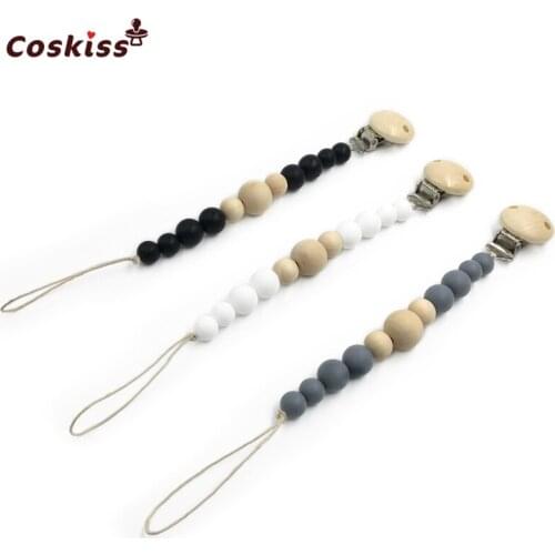 3pcs Baby Silicone Teether Wooden Pacifier Clip Newborn Baby Soother Clip Chew Beads DIY Natural Baby Teething Grasping Toy