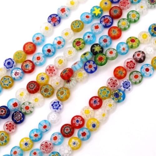 45Pcs 8mm Handmade Glass lampwork beads Flower Mixed Color Flat round Glass Beads for jewelry making Wholesale and Retail