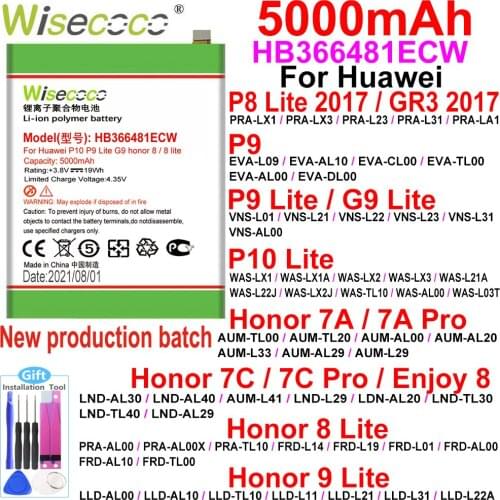 Wisecoco HB366481ECW 4800mAh New Battery For Huawei P9 5C (P9 G9 P10 Lite) G9 Honor 8/Honor 8 Lite/ Y6 II EVA-AL00/AL10/L09/TL00