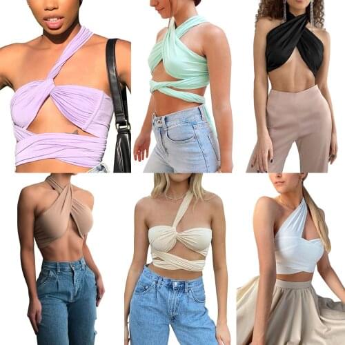 Bandage Halter Tank Top Womens Solid Color Bustier Tops Sleeveless Cross Vest Short Clothes for Summer Wear