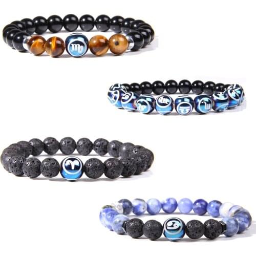 Star Zodiac Sign 12 Constellation Bracelets Natural Stone Sodalite Lava Tiger Eye Bracelets For Women Men Aries Libra Jewelry