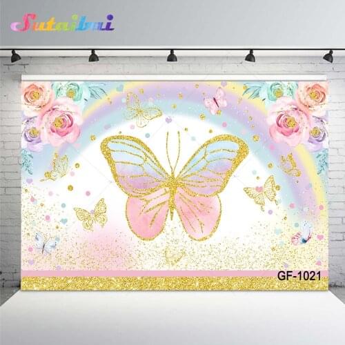 Birthday Baby Shower Newborn Photo Background Rainbow Flowers Butterfly Gold Dots Portrait Photography Backdrop for Photo Studio