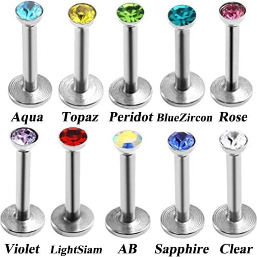100Pcs Surgical Steel Internally Threaded CZ Gem Labret Stud Lip Ring Crystal Ear Cartilage Tragus Helix Piercing stud Ring 16g