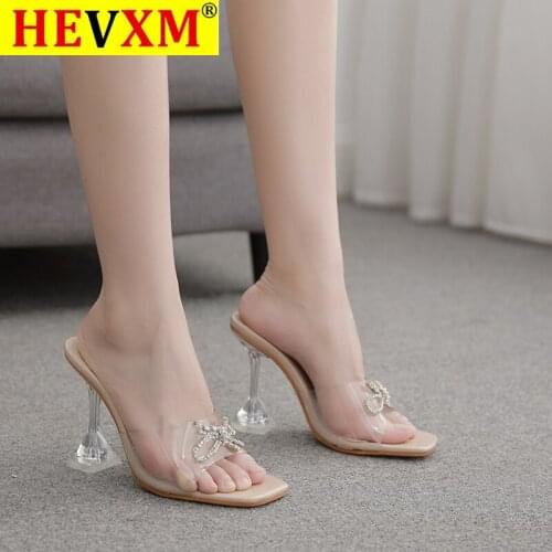 HEVXM Women Slippers 2021 Transparent High Heels Sexy Square Toe Fashion Rhinestone Bowtie Wedding Party Shoes For Lady Size 41