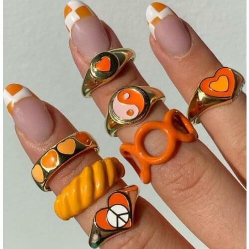 17KM Korean Orange Color Heart Rings Set For Women Lover Colorful Resin Acrylic Chain Couples Rings Travel Gifts Jewelry