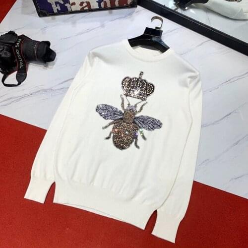 Brand Perfect Hot Rhinestone O-Neck Soft Velvet Bee Animal Pattern Mens Sweater Long Sleeve Fashion Oversized Pullover