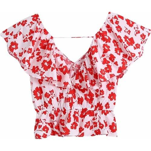 MXTIN 2021 Women Summer Vintage Sweet Floral Print Cropped Blouses Fashion V-Neck Short Sleeve Female Shirts Blusas Chic Tops