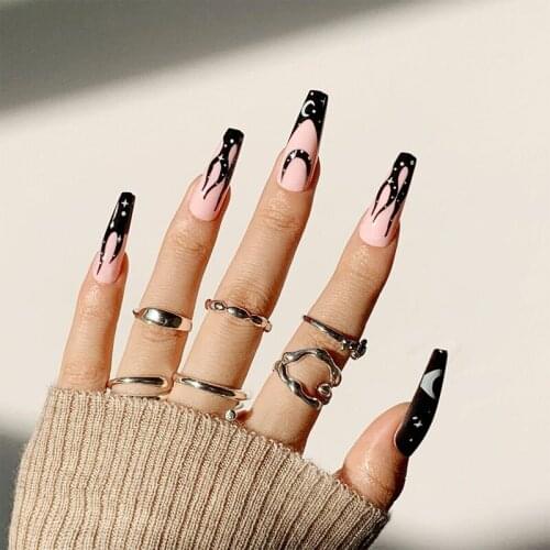 24pcs Detachable Fake Nails Long Moon Fire Pattern Halloween Style Press On Nails DIY Manicure Full Ballerina Nail Art Tips