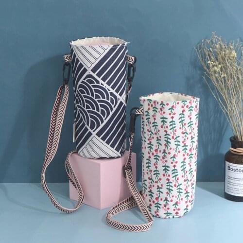 Bottle Holder Bag Water Cup Handle Shoulder Crossbody Bag Modern Cotton Linen Cup Covers Floral Printing Portable Bottle Covers