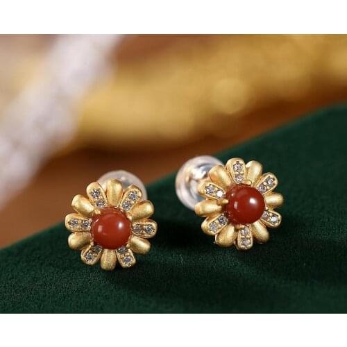 Natural Hetian Jade S925 Sterling Silver Southern Red Agate Personality Daisy Retro Fashionable European and American Style Wome