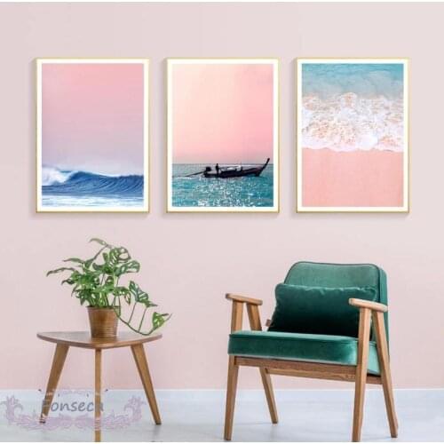 Pink Sea Beach Scenery Poster Nordic Blue Pineapple Flamingo Head Canvas Painting Wall Art Pictures for Living Room Home Decor