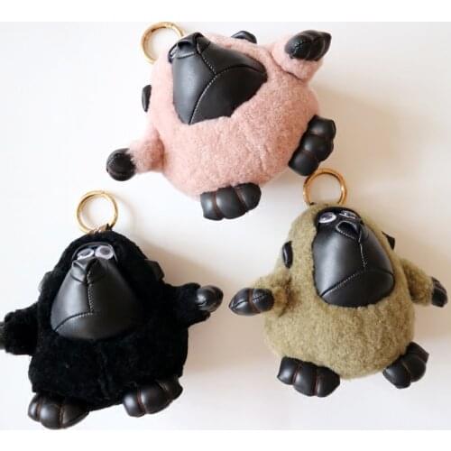 Fluffy Monkey Plush Toys Real Lamb fur Keychain Cartoon Childrens Birthday Toy Key Ring Animal Pendant Doll Kids
