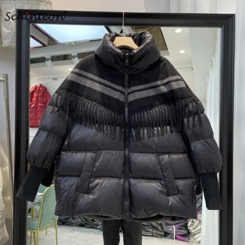 Schinteon Women Down Jacket Over Size Coat Loose Warm Autumn Winter Casual Outwear Top Quality Patchwork Tassel Wool New 2021
