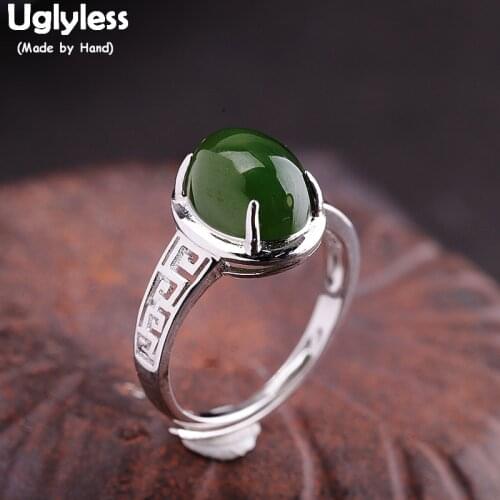 Uglyless Natural Green Jade Jasper Gemstones Rings for Women Party Statement Open Rings Real 925 Silver Adjustable Jewelry R1045
