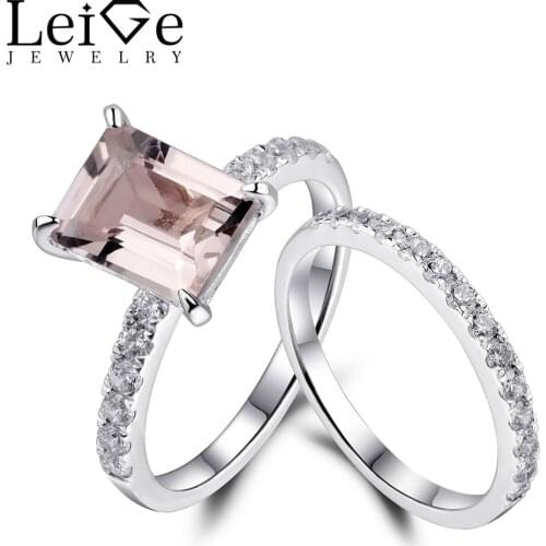 Leige Jewelry Morganite Ring Natural Pink Gemstone Emerald Cut 925 Silver Wedding Promise Rings Set for Women Anniversary Gift