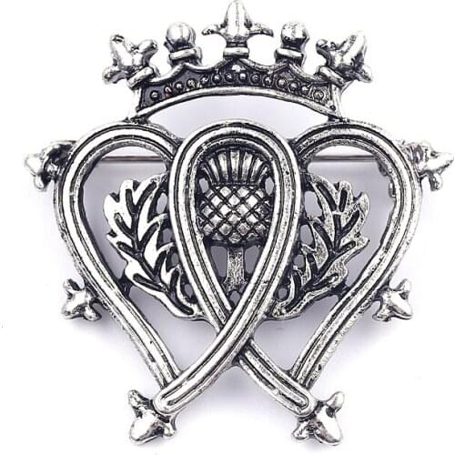 Vintage Outlander Scottish National Flower Thistle Crown Brooches Pins Double Heart Metal Jewelry Coat Bag Hat Statement